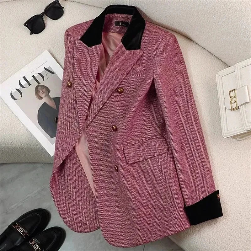 Women's Office Woolen Suit Jacket for women 2025 New Autumn Winter Chic gray Herringbone pattern Suit Female Thick Casual Coat