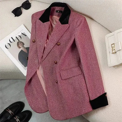 Women's Office Woolen Suit Jacket for women 2025 New Autumn Winter Chic gray Herringbone pattern Suit Female Thick Casual Coat