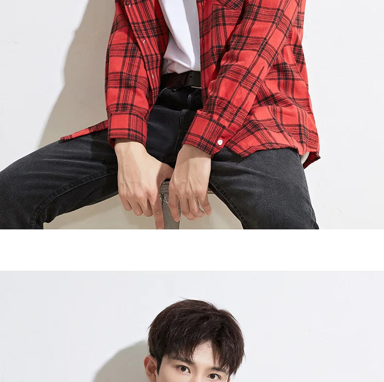 40%cotton fashion korean populasr clothes Casual plaid long-sleeve shirts for men slim fit plain shirt social streetwear tops