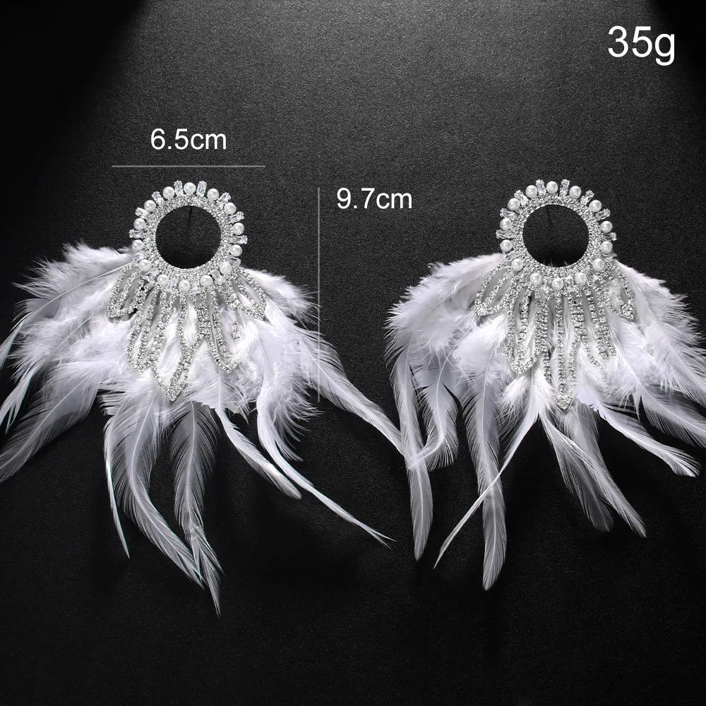 Stonefans Bohemian Earrings for Women Luxury Designer Piercing Rhinestone Fashion Wedding Bride Feather Exaggerated Earrings