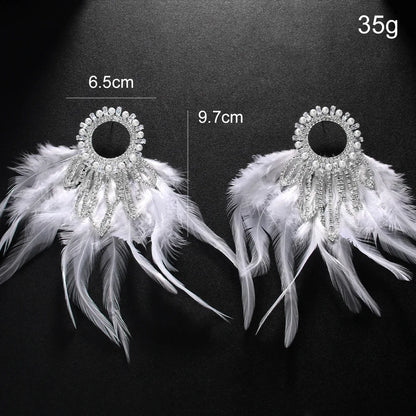 Stonefans Bohemian Earrings for Women Luxury Designer Piercing Rhinestone Fashion Wedding Bride Feather Exaggerated Earrings