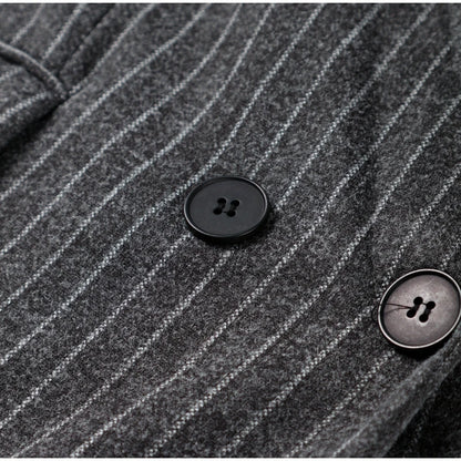 Retro Striped Lapel Woolen Long Coat Women Casual Loose Dark Grey Oversize Coats Female Winter Elegant Chic Outwear