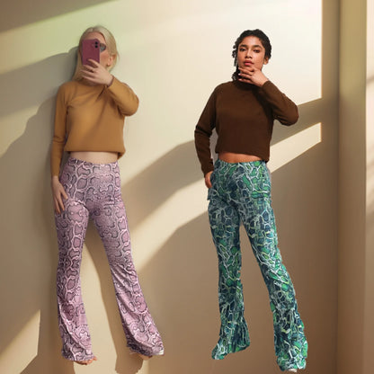 Womens Serpentine Print Flare Pants Stretch Boho Bell Bottoms High Waist Wide Leg Long Palazzo Pants Y2K Streetwear Trousers