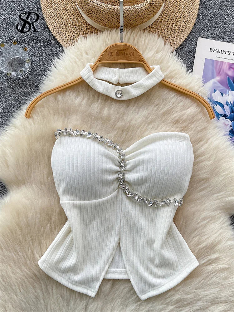 SINGREINY Strapless Sexy Ladies Top Summer Halter Beading Design Split Camisole Korean Skinny Streetwear Hotsweet Tank Top