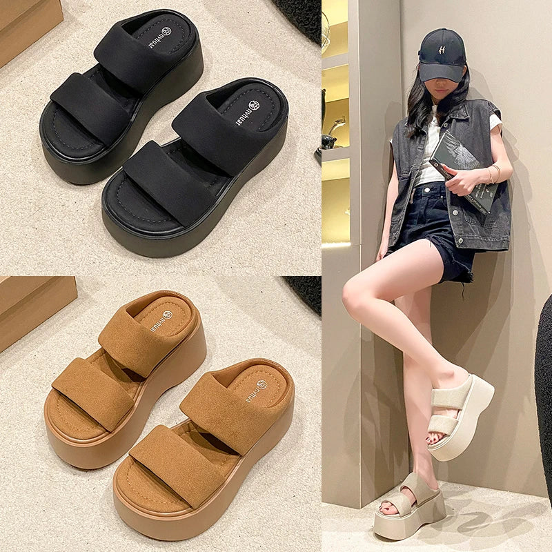 Summer 2023 Chunky Sandals Women's Thick Bottom Wedge Heels Slides 8CM High Heels Platform Leather Casual Beach Flip Flops Woman