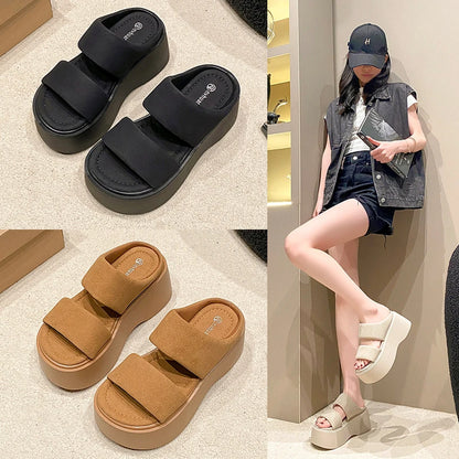 Summer 2023 Chunky Sandals Women's Thick Bottom Wedge Heels Slides 8CM High Heels Platform Leather Casual Beach Flip Flops Woman