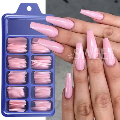 100pcs Nude Pink False Nail Press On Nails Acrylic Extension Coffin Forms Nail Tips Artificial Long Full Cover Fingernails Tools