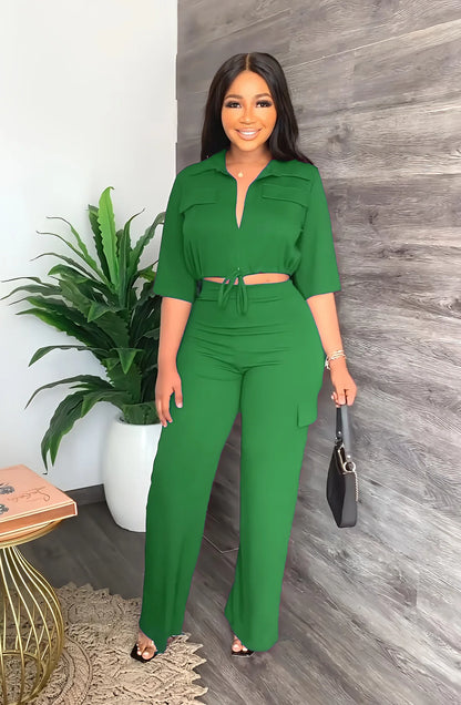 Elegant Office Women Two Piece Sets Autumn V Turn-down Neck Half Sleeve Drawstring Lace Up Short Shirt + Wide Leg Trousers Set