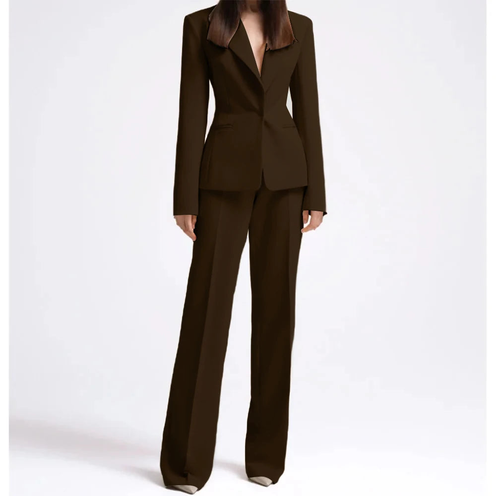 Office Lady Fashion Beige Women Suits One Button Peak Lapel 2 Piece Jacket Pants Slim Fit Smart Causal Conjuntos De Pantalones