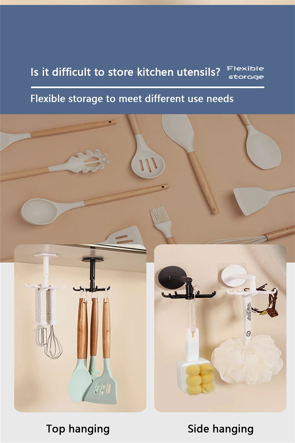 Upgraded Multi-function Rotatable 7-claw Hook 360 ° Seamless Punch Free Hook Kitchen Storage Hook Self Adhesive Bath Hooks