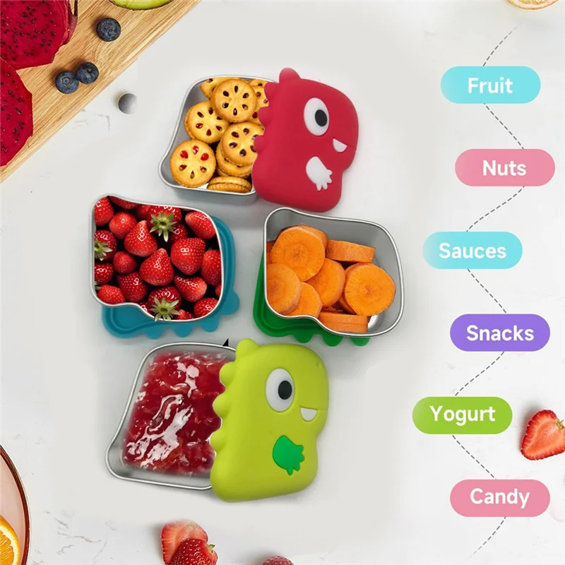 SOFT-304 Stainless Steel Snack Cup With Dinosaur Design And Silicone Lid For Secure Food Keeping