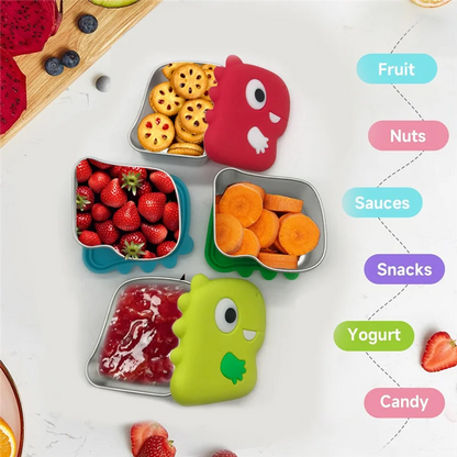 SOFT-304 Stainless Steel Snack Cup With Dinosaur Design And Silicone Lid For Secure Food Keeping