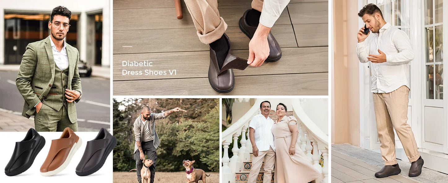 FitVille Men's Leather Shoes Diabetic Shoes Casual Oxford Shoes Adjustable Lightweight Formal Business Shoes for Swollen Feet