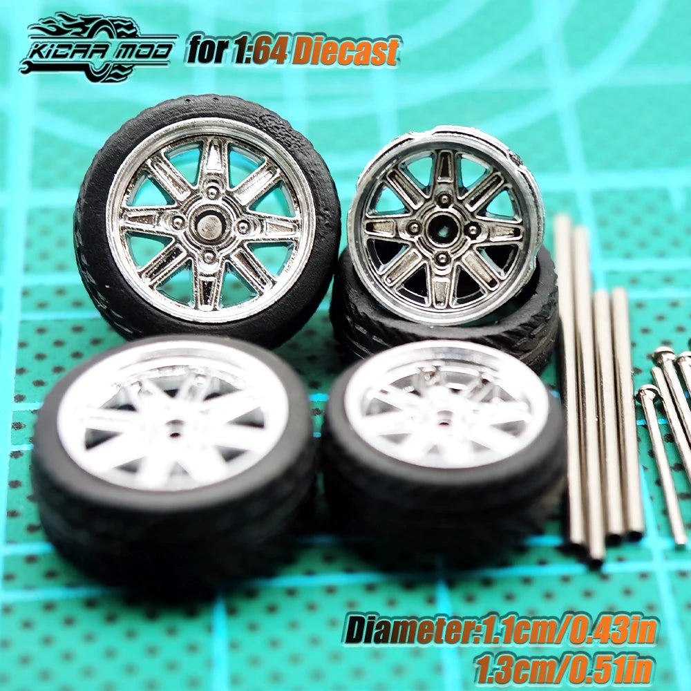 Kicarmod 1/64 Model Car ABS Wheels with Rubber Tire Metal Rims Front Small Rear Large Refitting Parts For Model Car Hot Wheels
