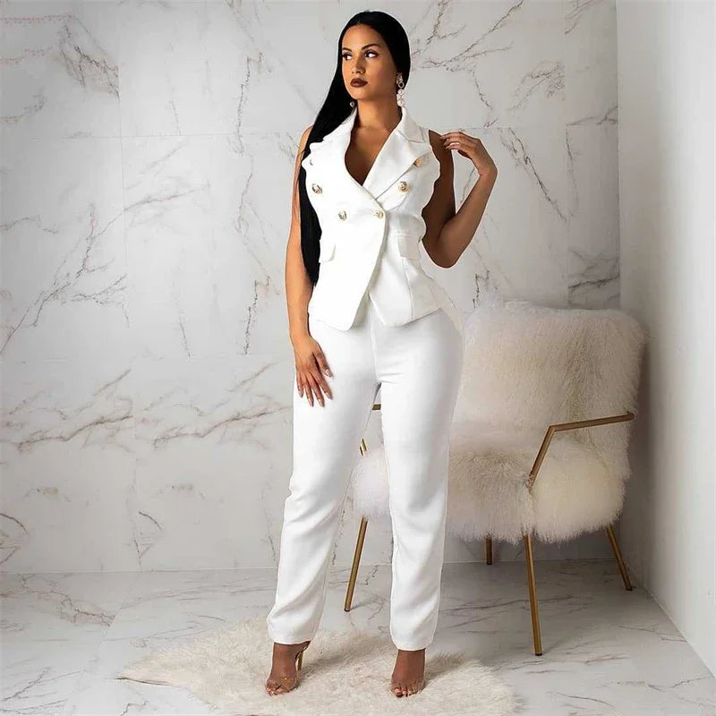 Business OL Work Wear Two Piece Pant Suits for Women Set Elegant Sleeveless Blazer Top + Pencil Pants Office Lady Matching Sets