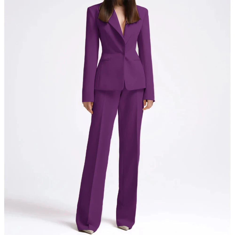 Office Lady Fashion Beige Women Suits One Button Peak Lapel 2 Piece Jacket Pants Slim Fit Smart Causal Conjuntos De Pantalones