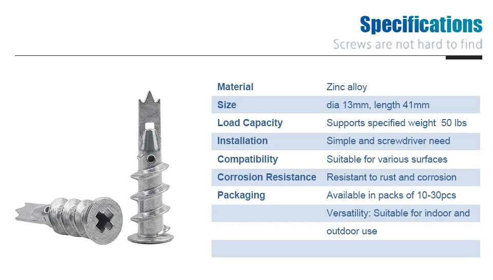 NINDEJIN 10/20/25pcs Zinc Alloy Steel Self-drilling Anchor 13*41mm Plasterboard Drywall Anchor Hollow Wall Anchor