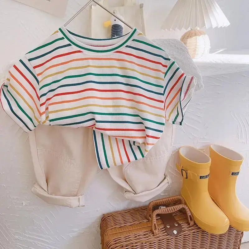Baby Girls T-shirt Summer New Thin Colorful Stripe Kids Babys Girls Tops Casual Versatile Short Sleeves Children Boys Shirts