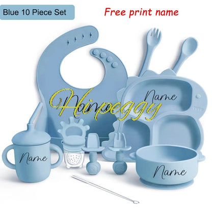 Baby Silicone Tableware Dinosaur Plate Dishes For Kids Personalized Name Baby Feeding Sets Fruit Feeder Baby Led Weaning Supplie