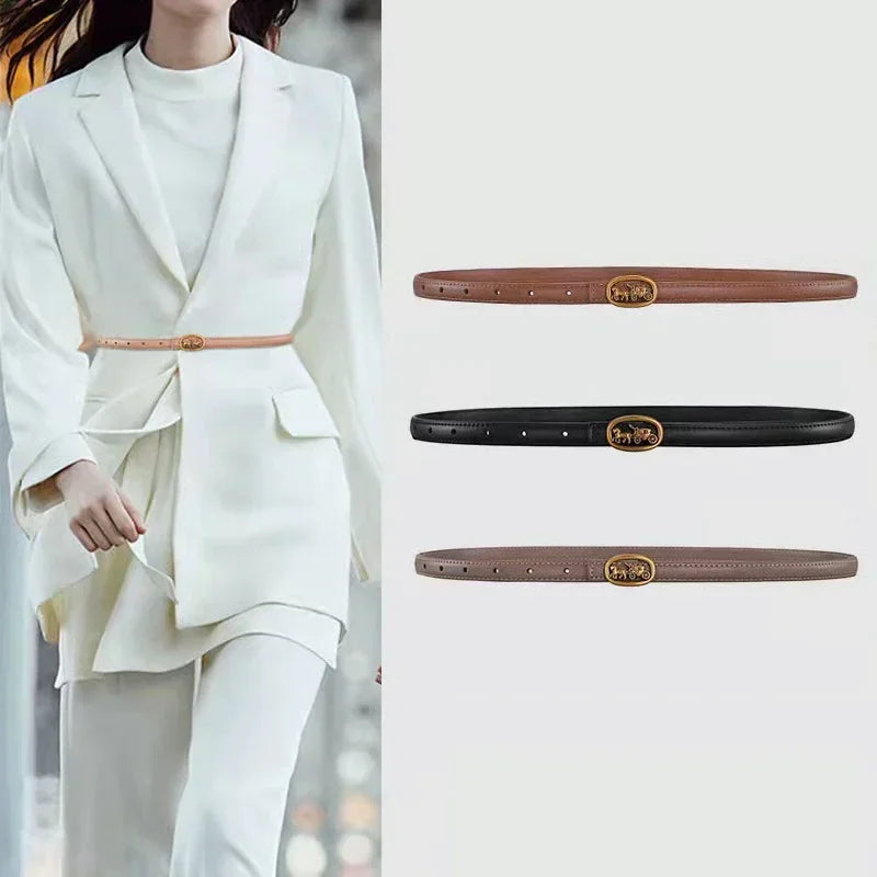 Narrow 1.3cm fashion luxury brand ladies pin buckle women genuine leather dress strap for jeans wastband