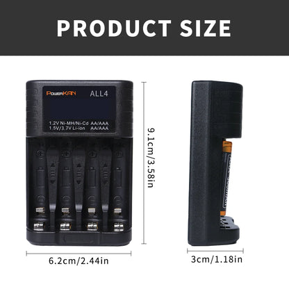 POWERKAN ALL4 AA/AAA 4-slot Small Convenient Battery Charger for 1.2V  Hi-MH& 1.5V/3.7VLi-ion With LCD Screen