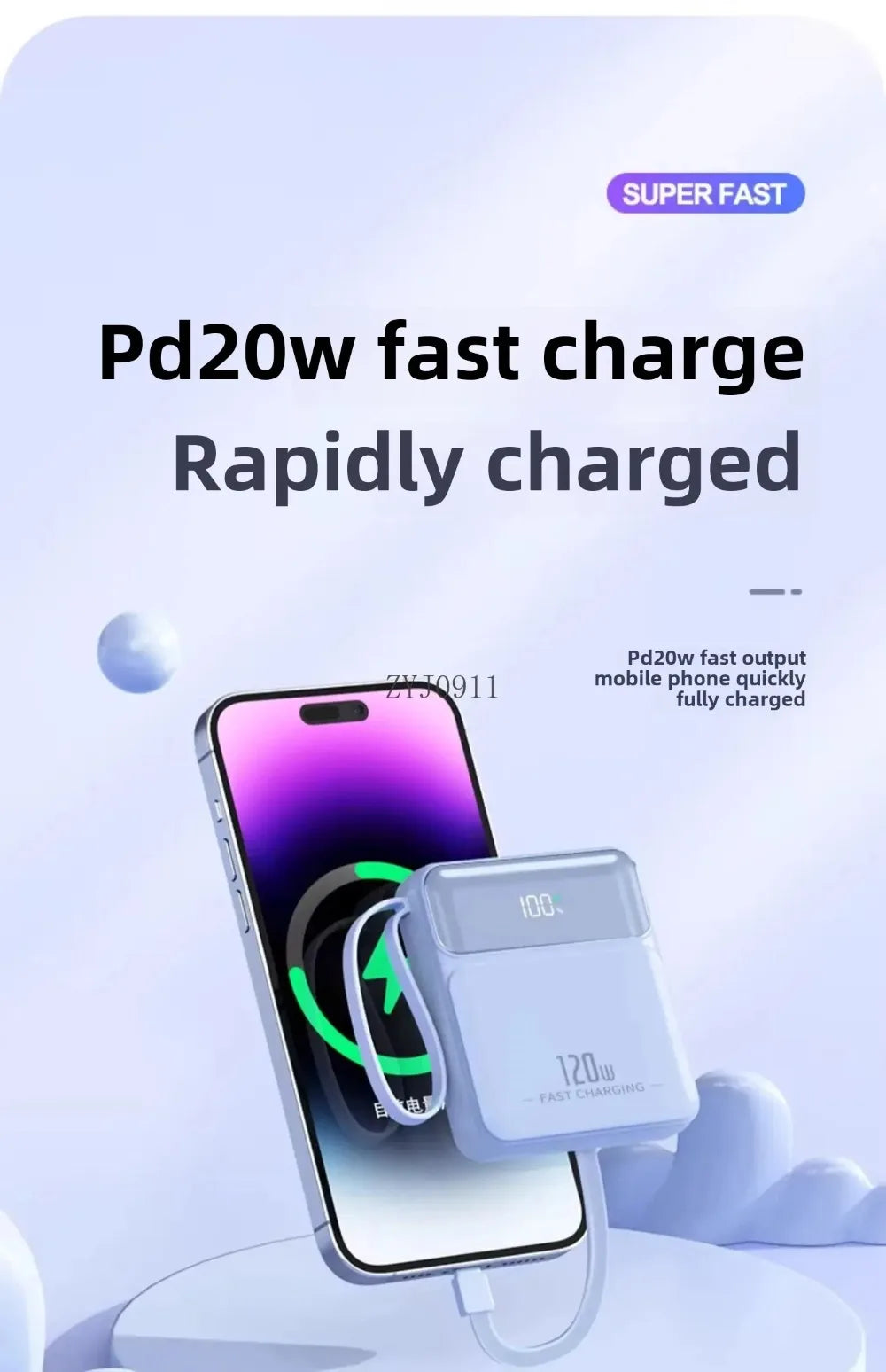 A Brand-new 120W Three-in-one 20,000mah Super Fast Power Bank with Large Capacity, Built-in Cable and Digital Display Powerbank