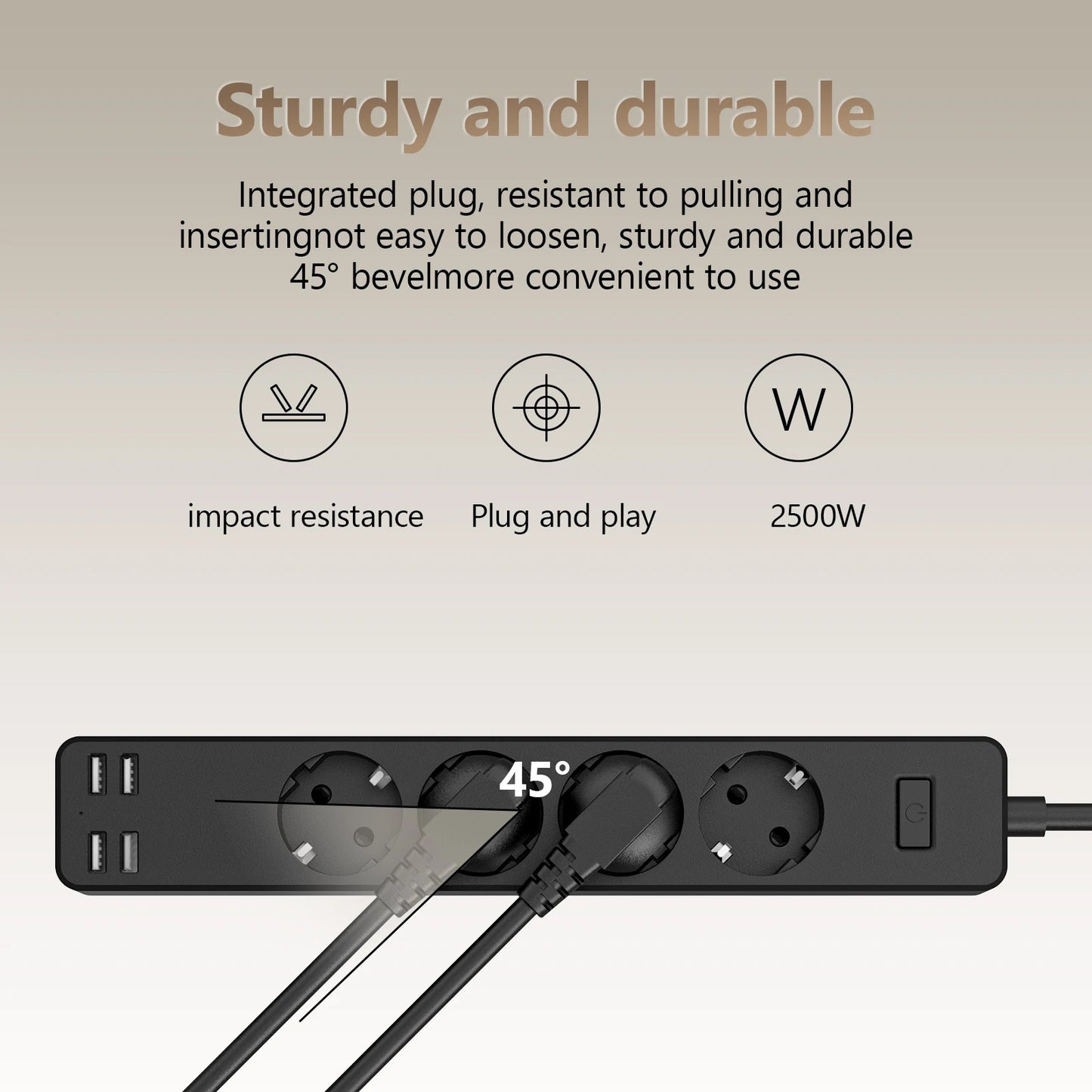 EU Electrical Socket With Safety Switch Power Strip 1.5M Extension Cable Overload Protection USB A Port Charging  On Home  2500W