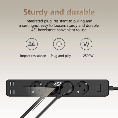 EU Electrical Socket With Safety Switch Power Strip 1.5M Extension Cable Overload Protection USB A Port Charging  On Home  2500W