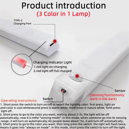Smart Motion Sensor LED Night Light Rechargeable Human Body Infrared Sensing Cabinet Lamp for Kitchen Hallway Bath Room