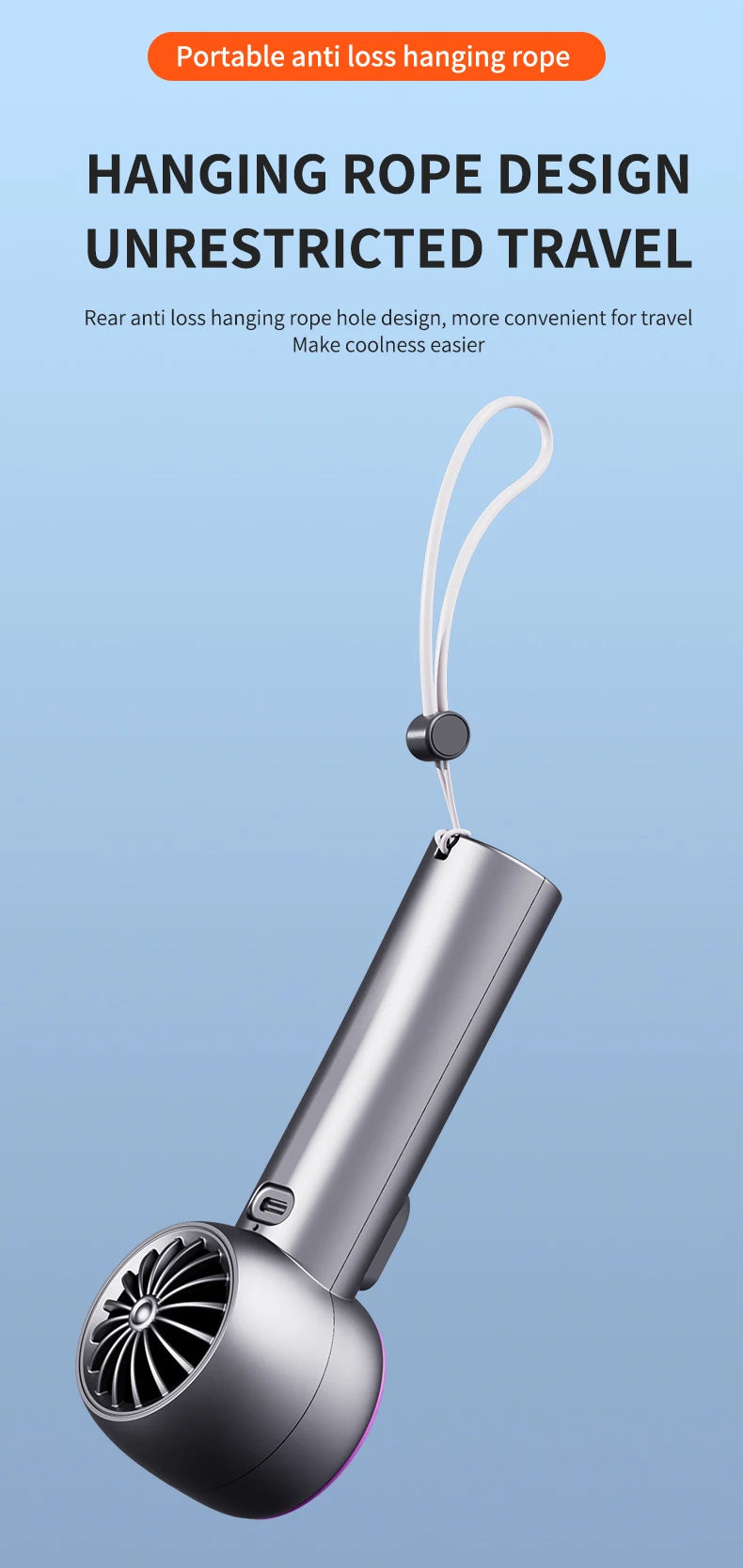 Digital display handheld fan with outdoor portability, USB rechargeable, featuring strong wind power, extended battery life.