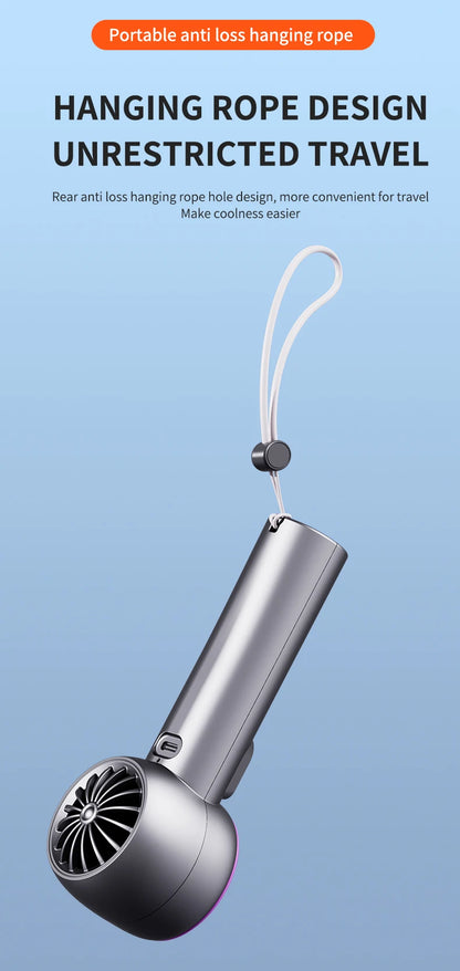 Digital display handheld fan with outdoor portability, USB rechargeable, featuring strong wind power, extended battery life.