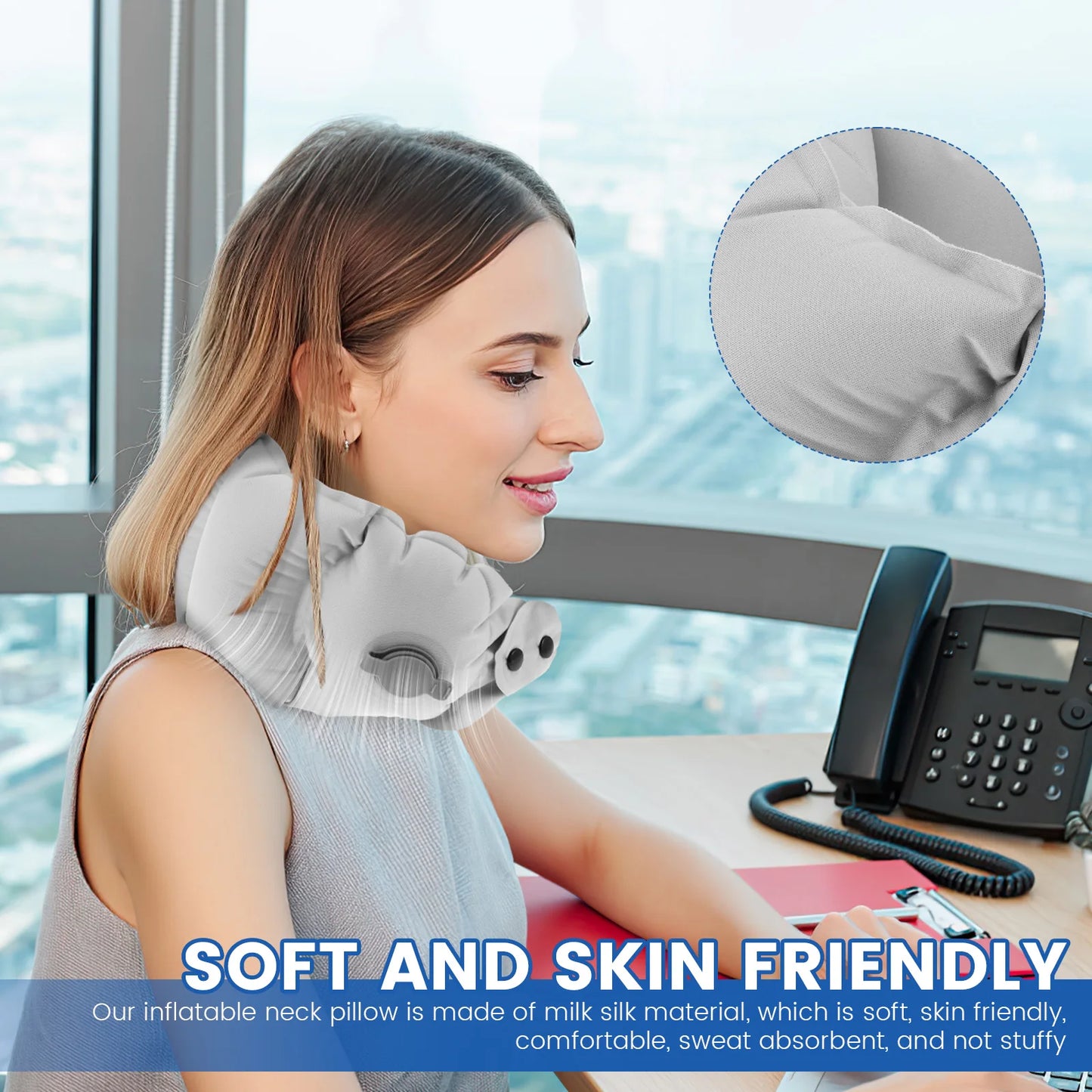 Inflatable Travel Pillow Soft Breathable Neck Headrest with Inflatable Pot 360° Support Airplane Pillow for Office Car Camping