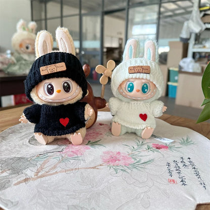Cute Labubu Bunny Doll Accessories with Knitted Clothes Rabbit Ears Hat Heart Sweater for Toy Collectors Labubu Clothes