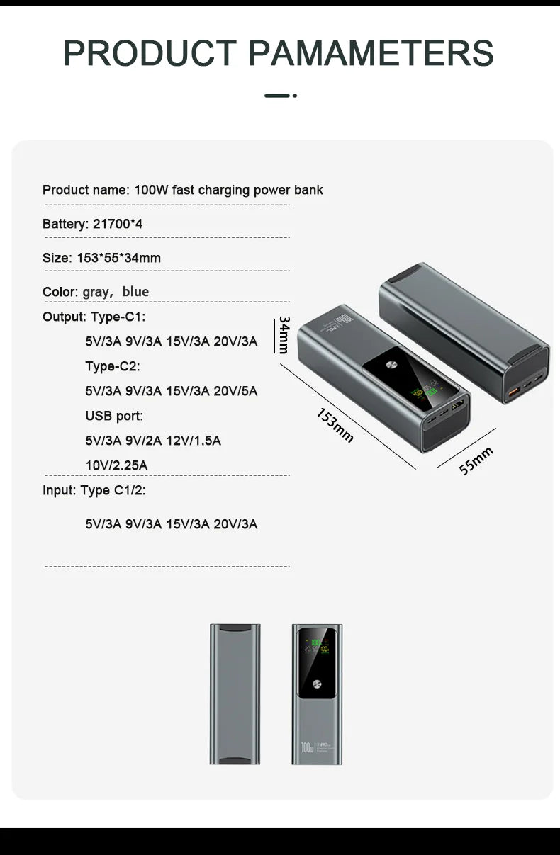 20000mAh 100W Large Capacity Power Bank Bidirectional Fast Charging Portable Powerbank Laptop External Spare Battery for Macbook