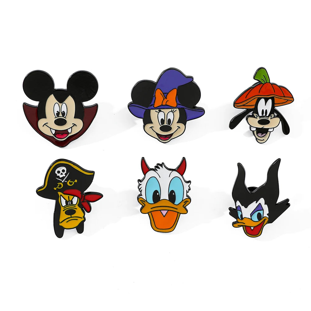 6 Pcs Cartoon cartoon character Mickey Brooch Halloween Mickey Mouse Donald Duck Metal badge Alloy drip pin accessories