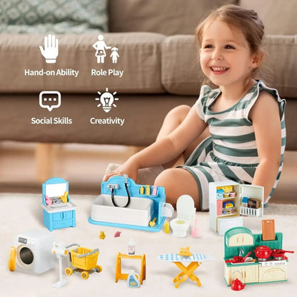 Dollhouse Furniture Set Doll house Bathroom/Kitchen/Fridge/Washing Machine Laundry Kids Doll House Miniature Pretend Play Toys