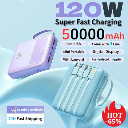 Portable Power Bank 50000mAh 120W Super Fast Charging Mobile External Battery With Four Cable Charger Suitable For iPhone Xiaomi