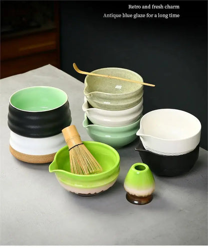 Matcha Set Kit Japanese Ceremony Green/Pink/White With Bamboo Spoon/Scoop, Whisk Holder, Matcha Bowl Matcha Gift Set