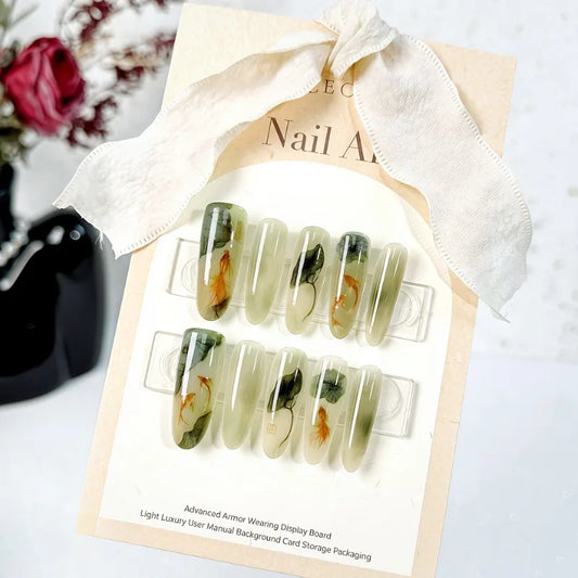 10Pcs Green Chinese Press-on Nails Featuring Lotus Leaf & Koi Crescent Moon and Bamboo Designs Traditional Nail for Women&Girls