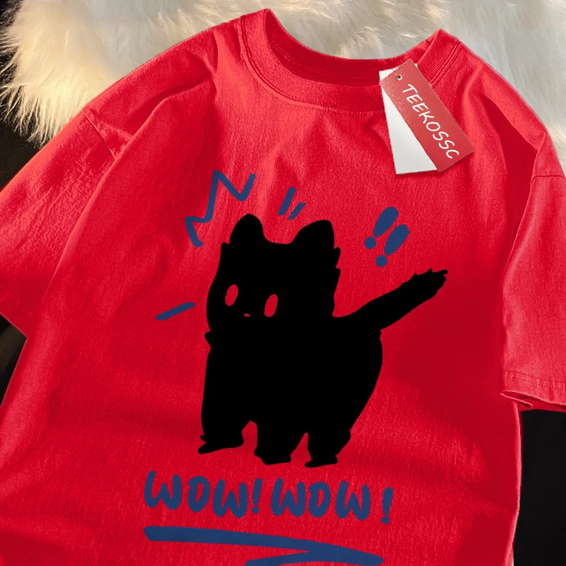 Wow Wow Fun Black Cat Print Japanese Style Men Women Top Fashion T Shirt Cotton Loose T-Shirt Casual O-Neck Clothes Oversize Top
