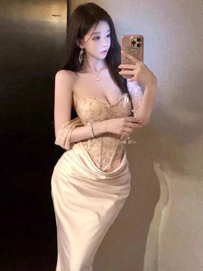 Ezgaga Women Dresses Strapless Lace Patchwork Elegant Slim Backless Temperament Slim Sexy Ladies Mermaid Dress Party Cocktail