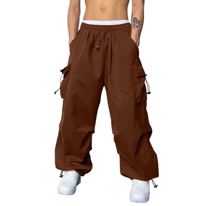 Mens Casual Sports Cargo Pants Woven Pocket Foot Rope Street Tie Solid Pants Mens Multi-Pockets Cargo Pants Pantalones Hombre