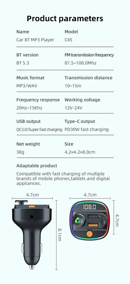 Xiaomi FM Transmitter Bluetooth 5.3 Hands Free Car AUX Radio Modulator MP3 Player with Fast Charging Adapter Auto Accessories