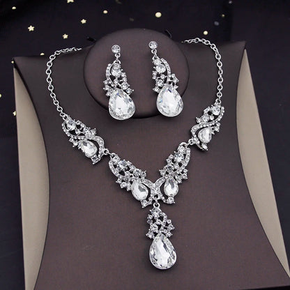Gorgeous Crystal Jewelry Sets for Women Luxury Choker Necklace Earrings Set Wedding Dress Bridal Costume Necklace Accessories
