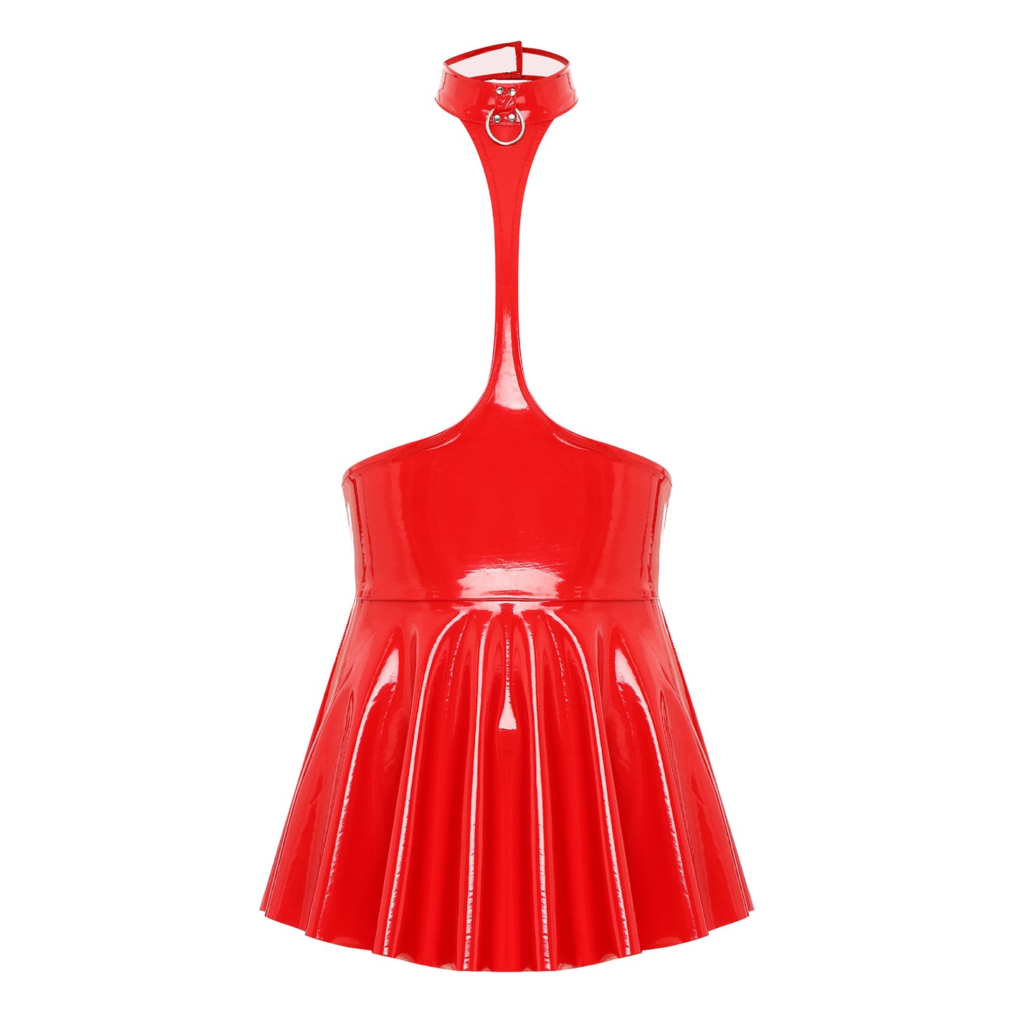 Womens Patent Leather Halter Latex Dress Wet Look Bare Breast Exposing Patent Leather Open Chest Halter Ruffled Latex Dresses