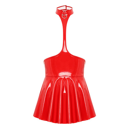 Womens Patent Leather Halter Latex Dress Wet Look Bare Breast Exposing Patent Leather Open Chest Halter Ruffled Latex Dresses