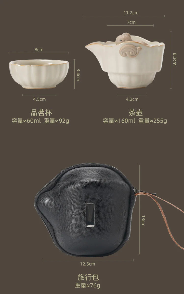Beige Ru Ware Travel Tea Set Portable Outdoor One Pot Two Cups Porcelain Brewing Equipment Suit
