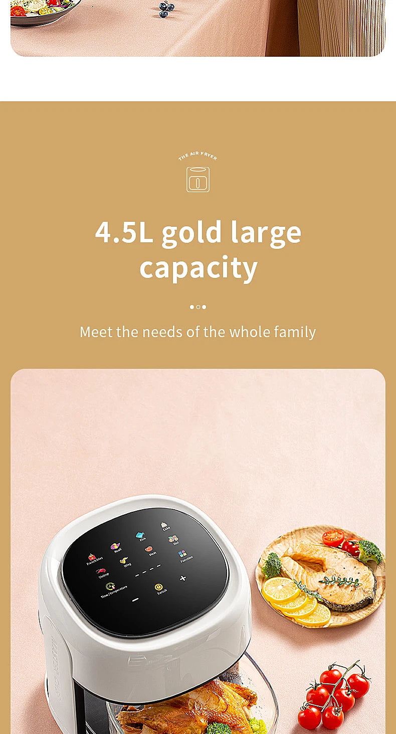 Smart Electric Air Fryer Large Capacity Convection Oven Deep Fryer Without Oil Kitchen 360°Baking Viewable Window Home Applianc