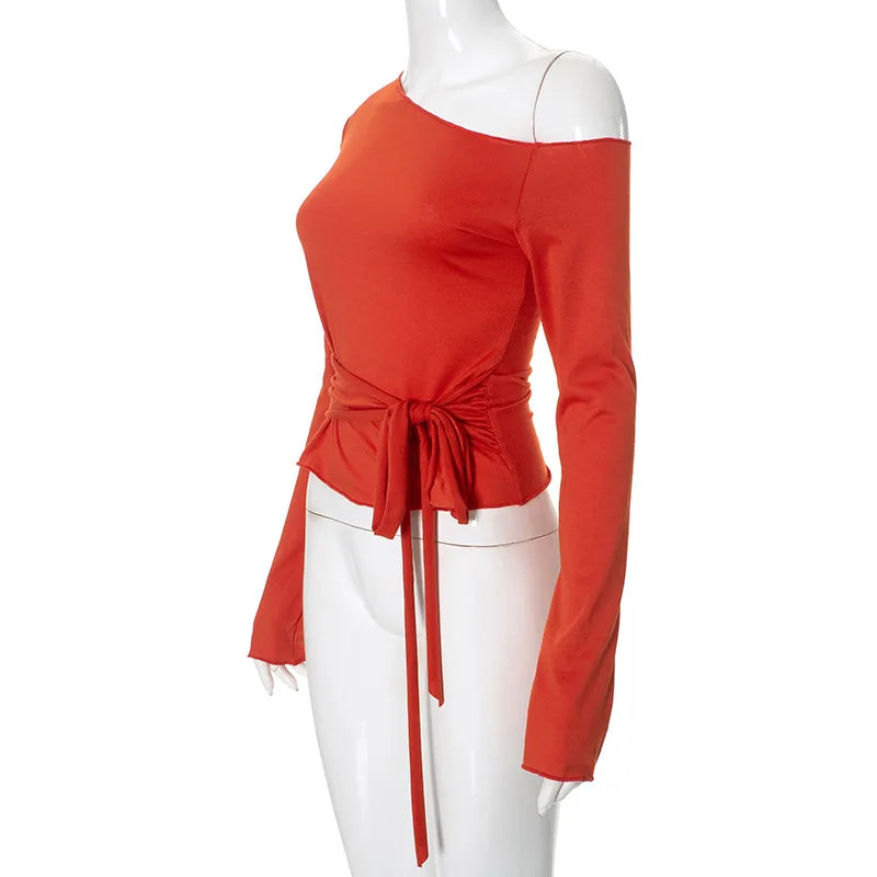 One Shoulder T Shirts For Women Aesthetic Clothes Sashes Crop Top Y2k Accessories Long Sleeve Lady Tshirt Ropa Mujer Camisetas