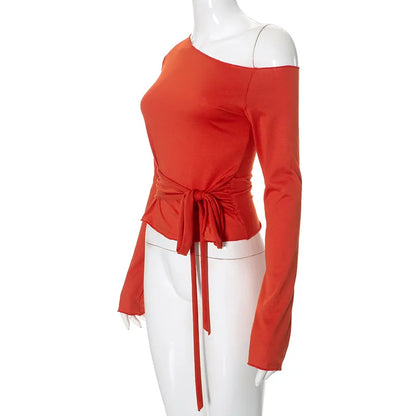 One Shoulder T Shirts For Women Aesthetic Clothes Sashes Crop Top Y2k Accessories Long Sleeve Lady Tshirt Ropa Mujer Camisetas